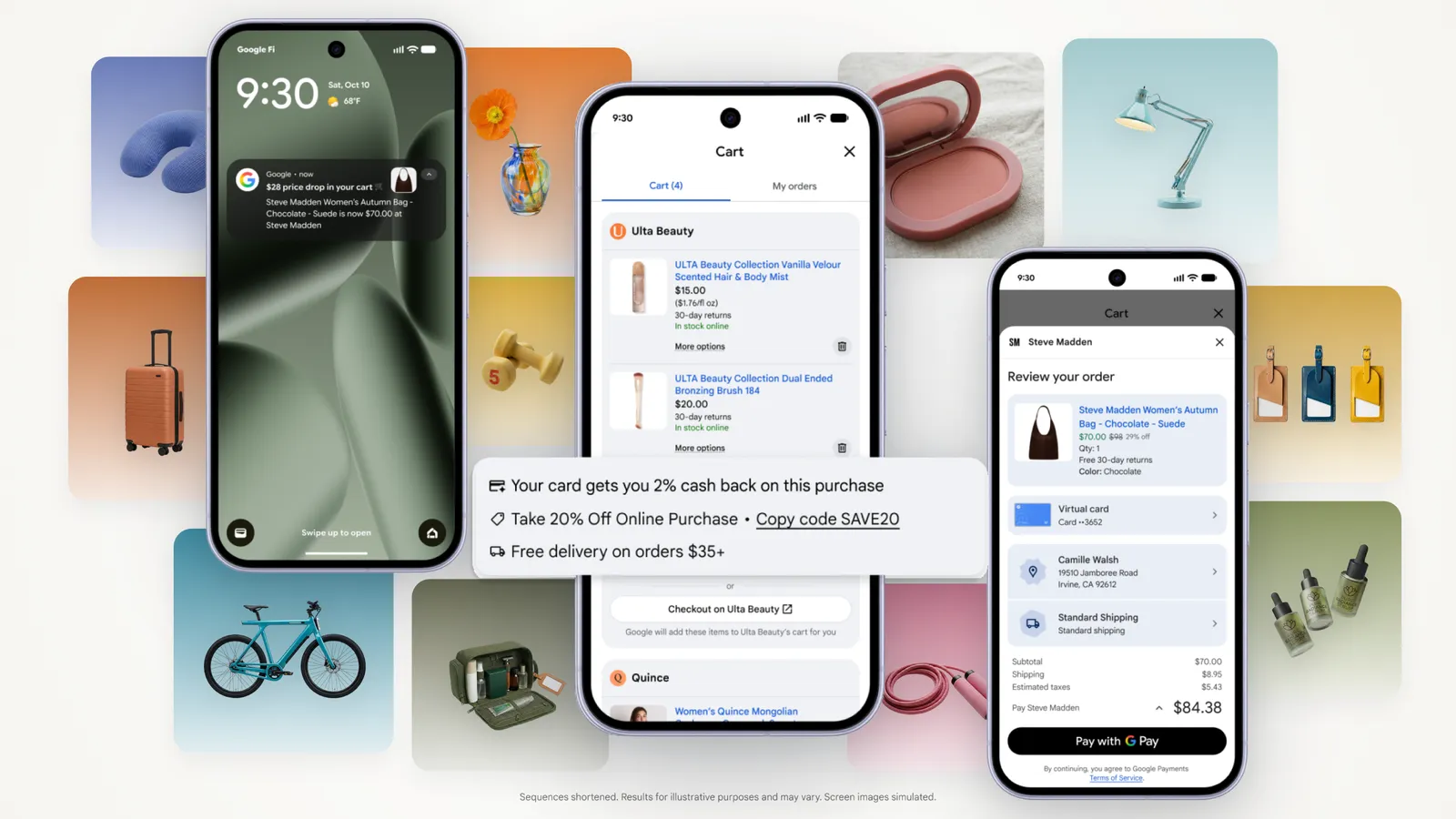 Google Universal Cart 官方演示图：三台手机分别展示降价提醒、跨商家购物车与 Google Pay 结账