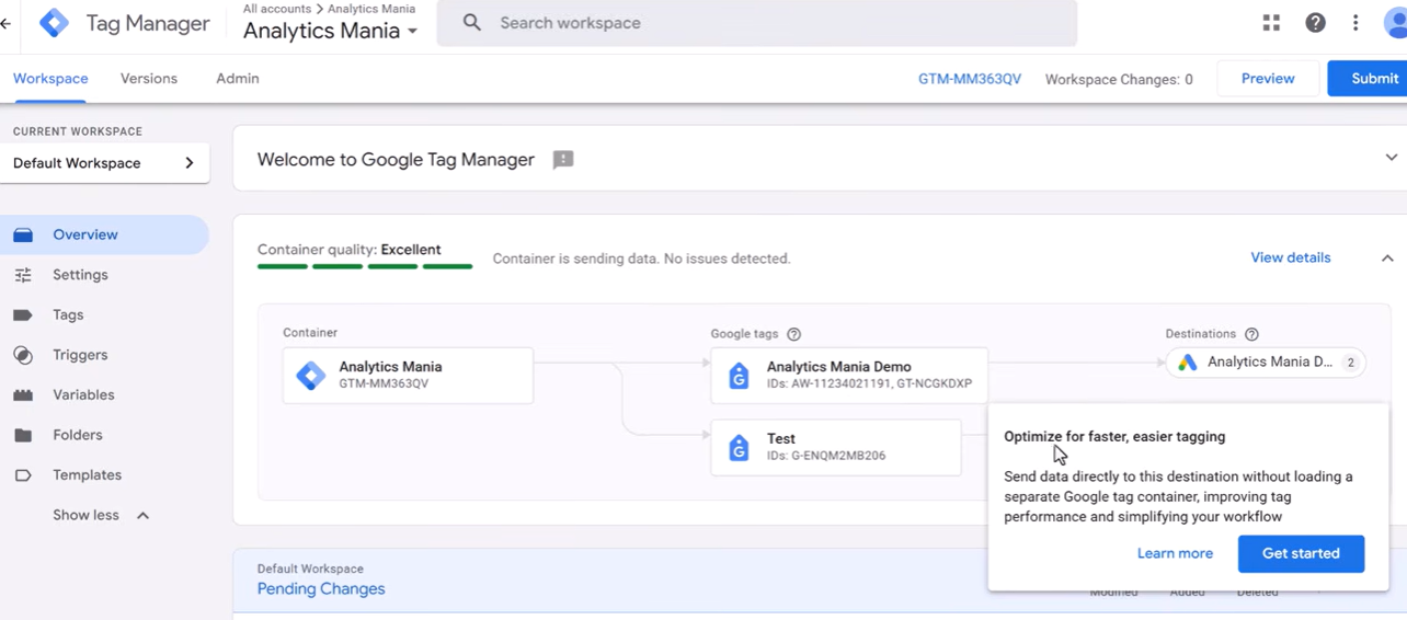 GTM 总览页：悬停 Google tag 弹出优化提示与 Get started 按钮