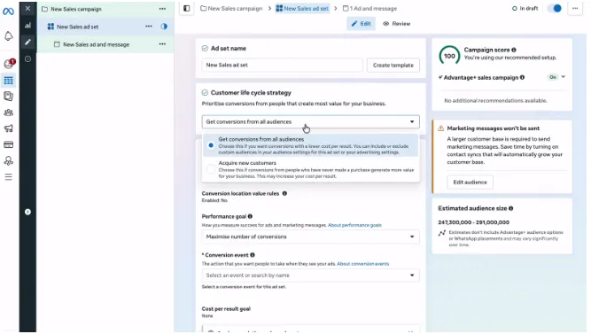 Meta Ads Manager 中的 Customer Lifecycle Strategy 设置界面
