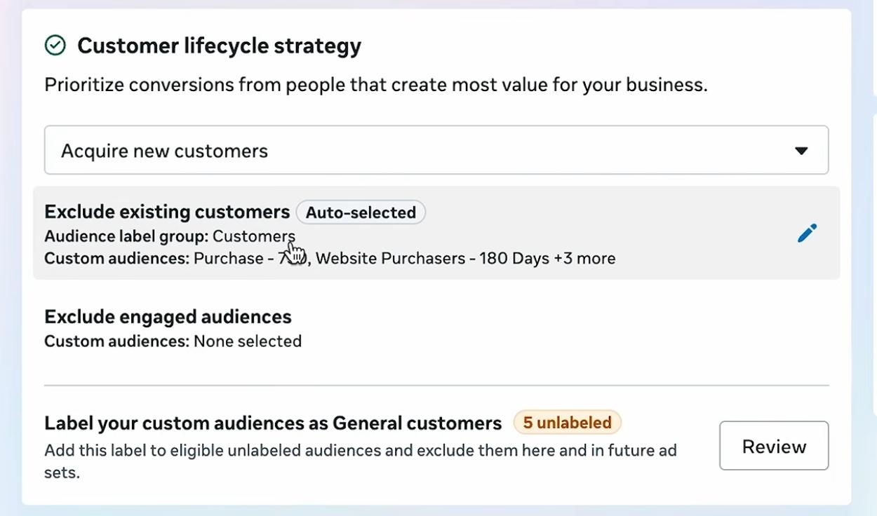 Meta Ads Manager 中的 Customer lifecycle strategy 设置面板：默认档与 Acquire new customers 两档切换