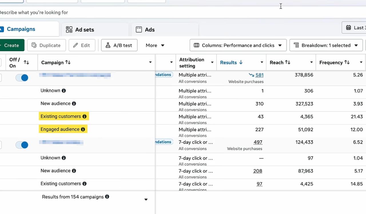 Ads Manager 的 Breakdown: Audience segments 数据视图：30 天 581 单按新客、互动、老客分层
