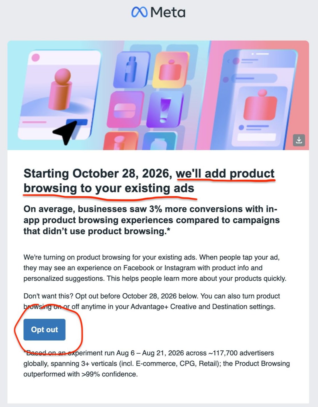 Meta 发送给广告主的通知邮件，标题为 2026 年 10 月 28 日起为现有广告添加商品浏览