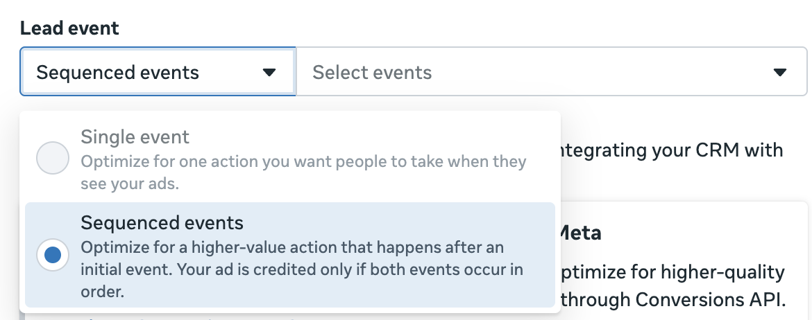 Ads Manager 的 Lead event 下拉：Sequenced events 说明为两个事件按顺序完成才计入