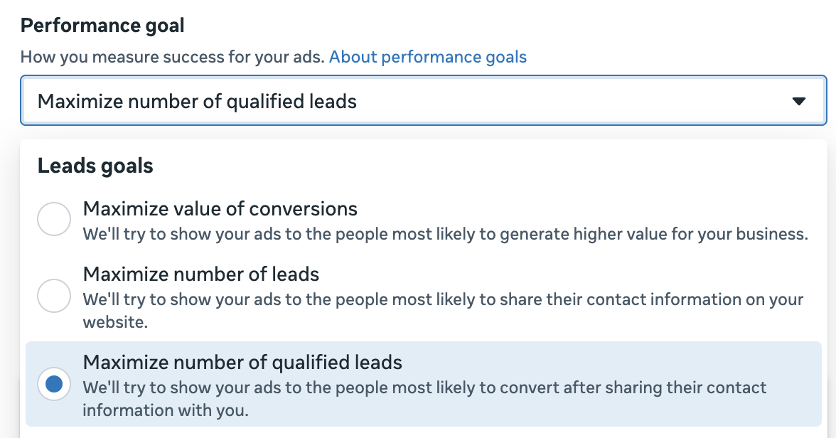 Meta 广告后台性能目标设置：新增 Maximize number of qualified leads 选项