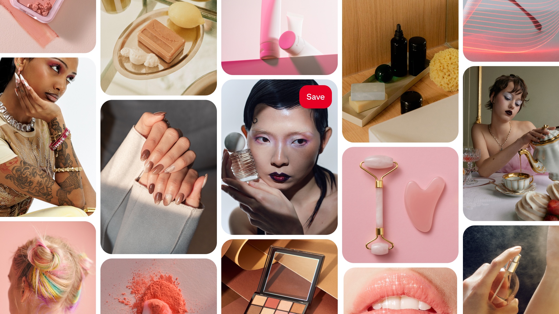 Pinterest 2026 美妆趋势报告官方主视觉：美妆、美甲、护肤、香水等品类内容拼贴