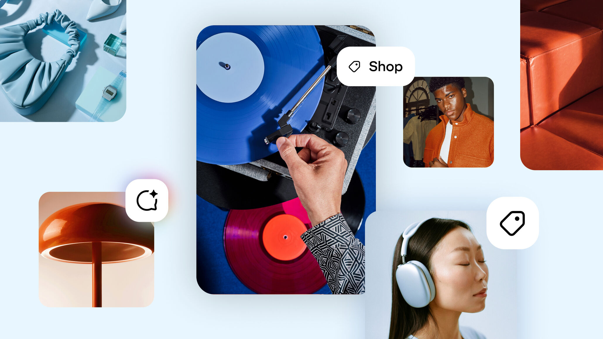 Pinterest 官方 BFCM 文章头图，浅蓝底拼贴展示黑胶唱机、家居灯具、服饰与购物灵感，并带 Shop 与视觉搜索图标