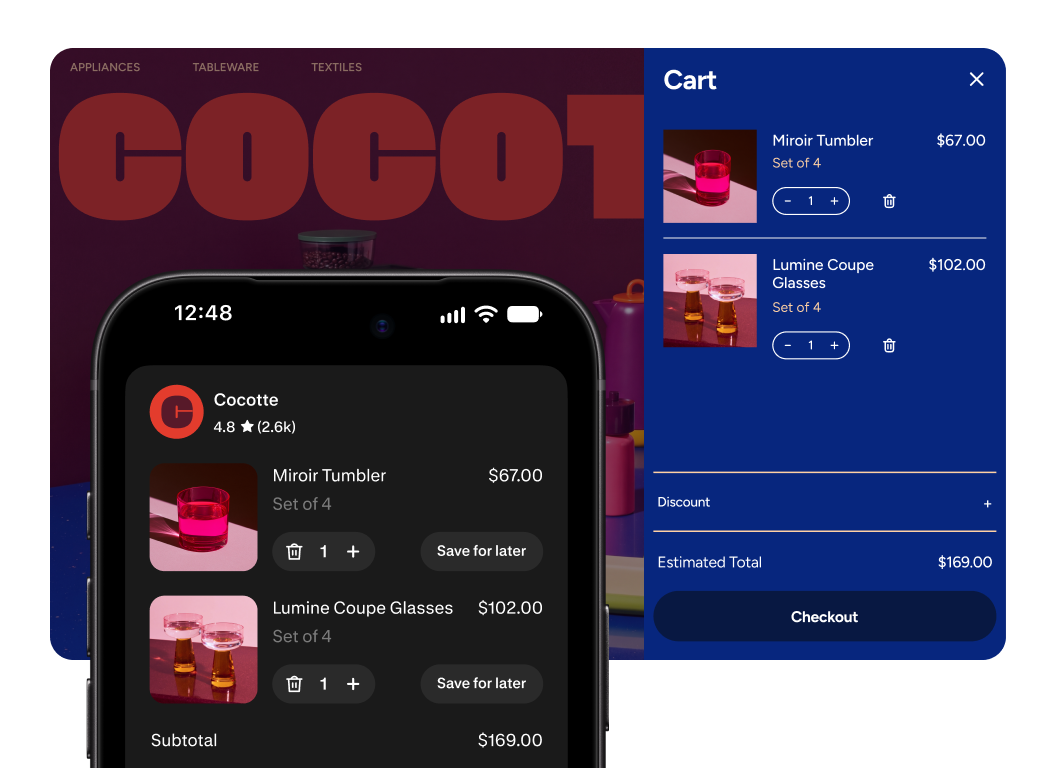 Shopify 官方界面图：Shop 内购物车与品牌在线商店双向同步