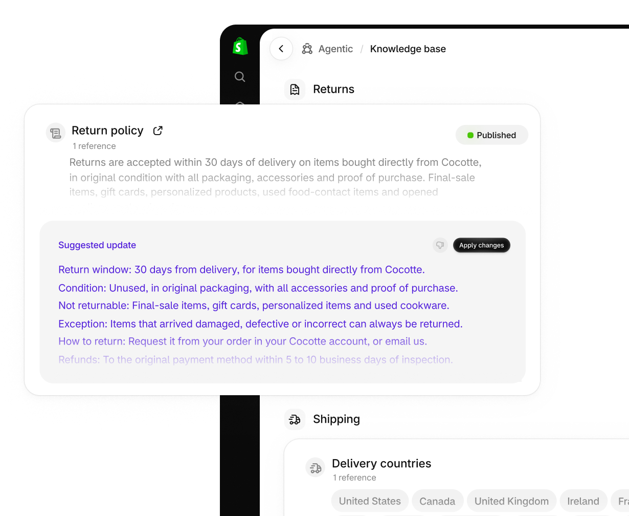 Shopify 官方后台图：在 Agentic 渠道审核并发布提供给智能体的事实