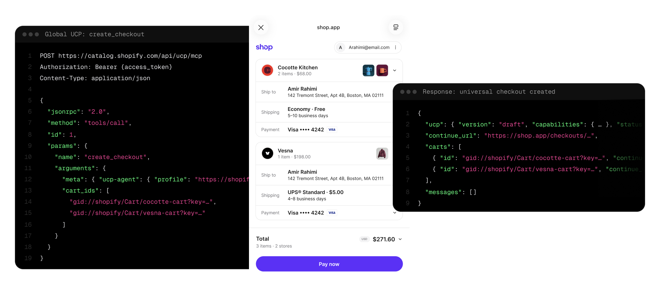 Shopify 官方示意图：来自两个不同品牌的商品在 Shop 里合成一次结账