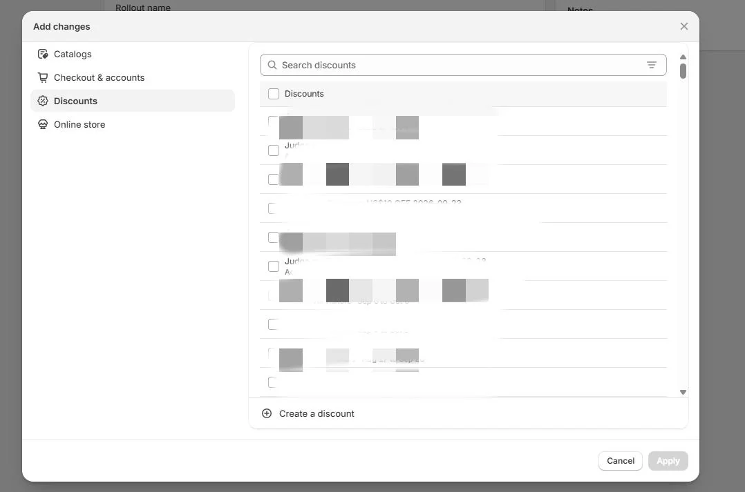 Shopify Rollouts 的 Add changes 窗口，左侧选择 Discounts，右侧勾选现有折扣，底部可创建新折扣
